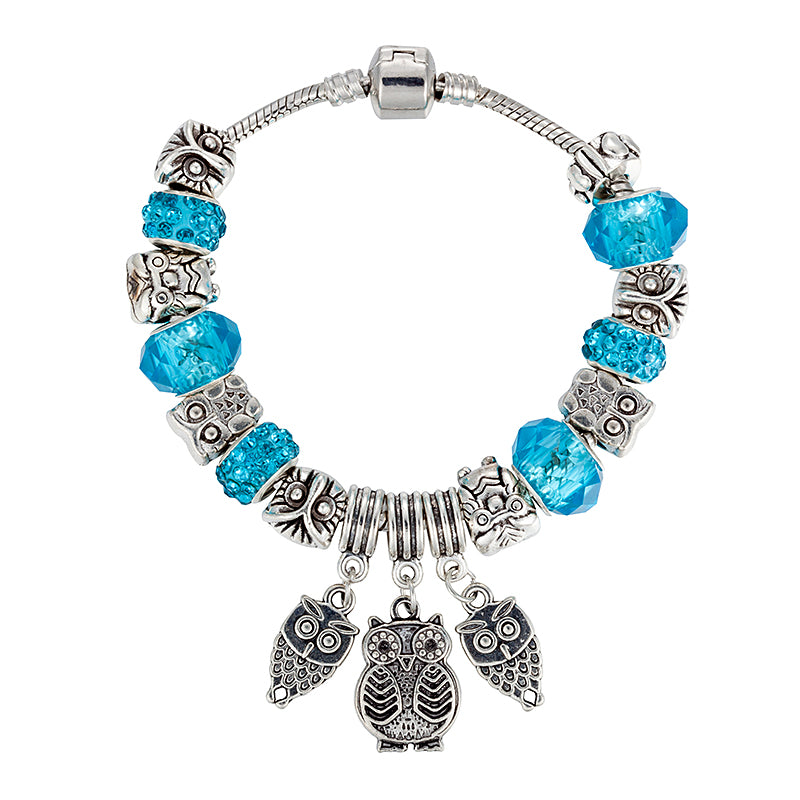 Vintage Jewelry Owl Bracelet & Bangles - Antique Silver Crystal Beads Rhinestone Charm Pendant Bracelet for Women